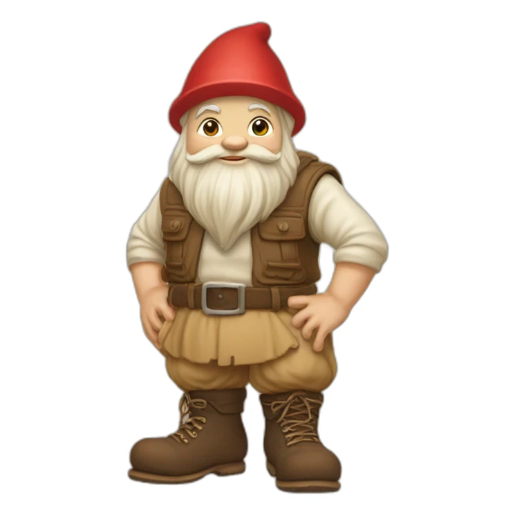 side view of gnome with light tan pants and light tan boots squatting in front of small brown log sticker