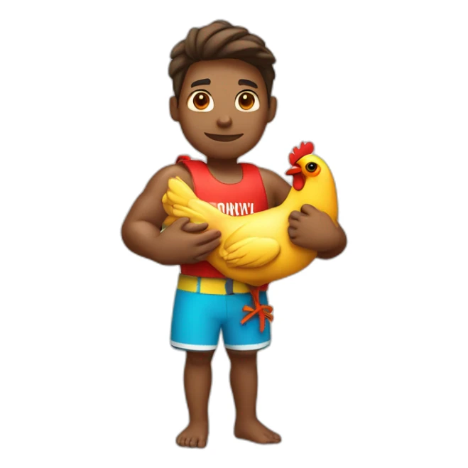 lifeguard with swimming attire holding a chicken in his hands sticker