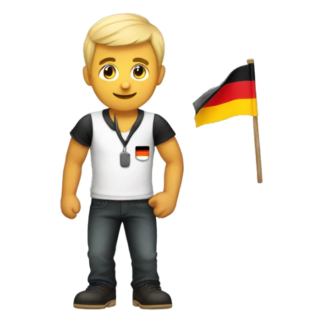 Guy standing at 45 degree angle with German flag on his shirt with his arm diagonally up and he has a mustashe sticker