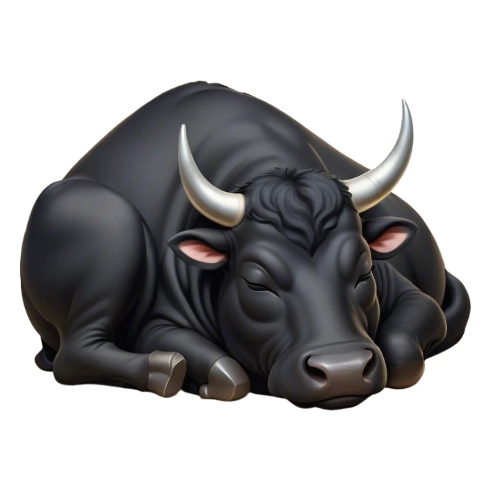 Meme-Worthy Cute Sleeping Black Bull Portrait Emoji, Head resting peacefully with a contented smile, showcasing a robust, massive build and a luxuriously soft pure black hide, eyes shut in a serene, restful nap, Simplified yet hilariously adorable features, highly detailed, glowing with a soft, drowsy light, high shine, relaxed and utterly lovable, stylized with an air of playful laziness, bright and heartwarming, soft glowing outline, capturing the essence of a comically sleepy guardian, so meme-worthy it feels like it could instantly become the next viral sensation of adorable slumber! sticker
