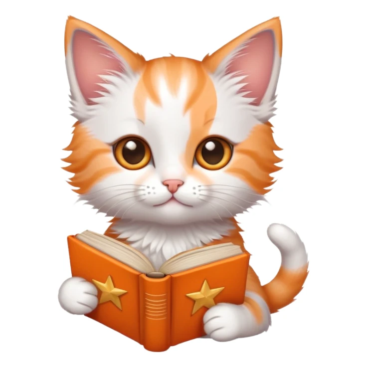 A kitten holding a book with stars in its eyes sticker