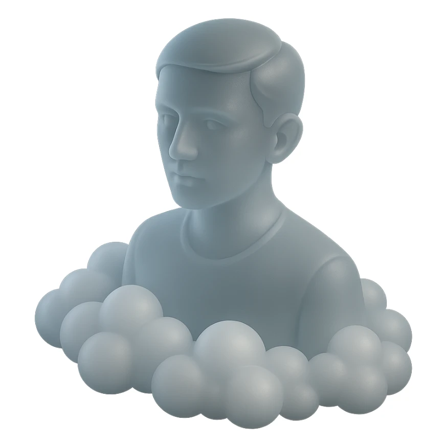 person looking straight, shoulders immersed in fluffy convex white clouds sticker