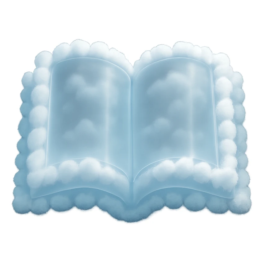open book top view, fully made of small bright white fluffy clouds, matte glass style sticker