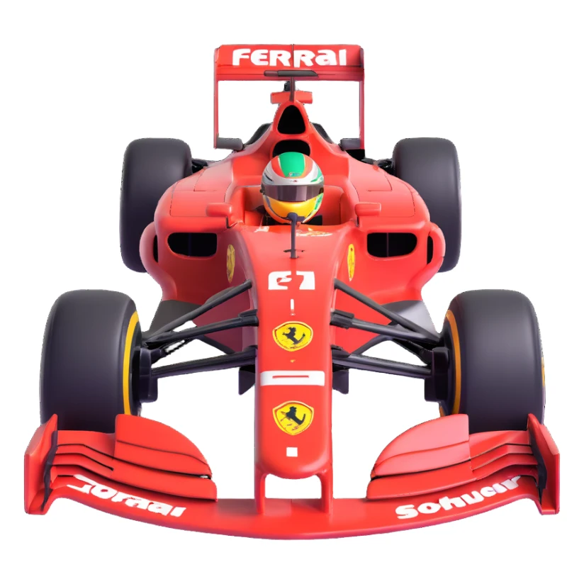 Ferrari F1 2004 front view, Michael Schumacher inside, aggressive racing stance, red livery, iconic F1 details, emoji or icon style sticker