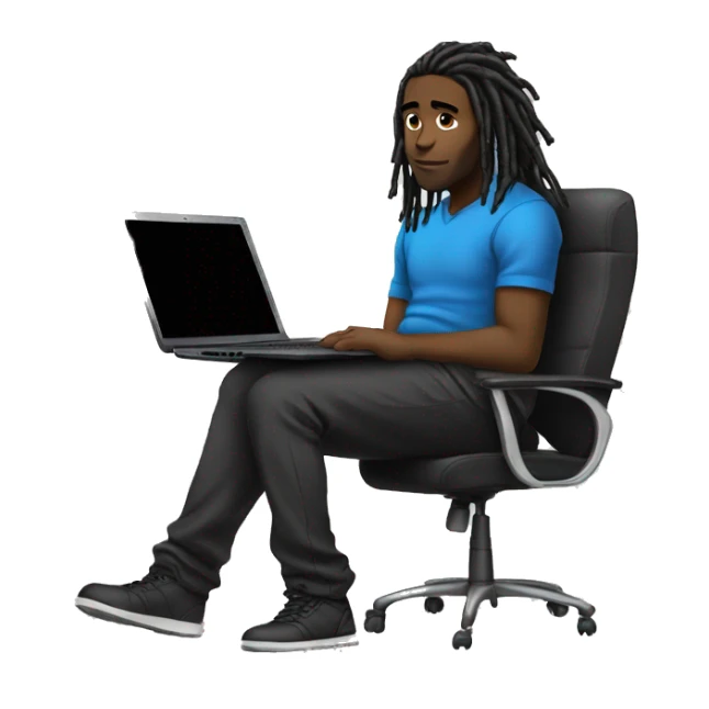 Black-guy-with-dreads-wearing-black-trackstuit-sitting-down-on-chair facing-foward-focused-on-laptop-computer- sticker