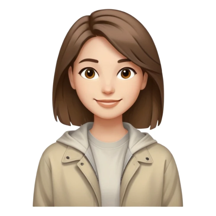 smiling face with soft straight brown hair swept to one side, warm and creative eyes, wearing neutral-toned aesthetic clothing including light oversized jacket and artistic tee, expression conveys positive energy style and originality sticker