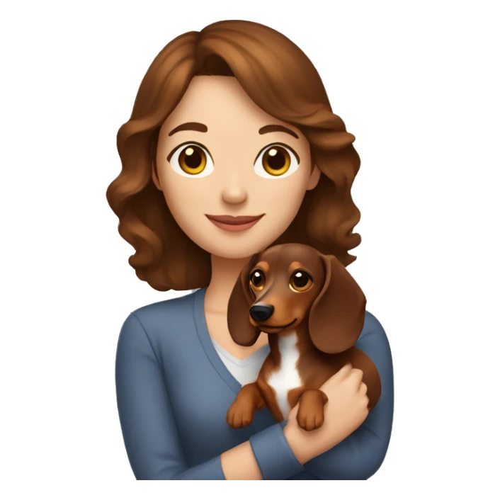 A woman with shoulder length brown hair holding a dachshund  sticker
