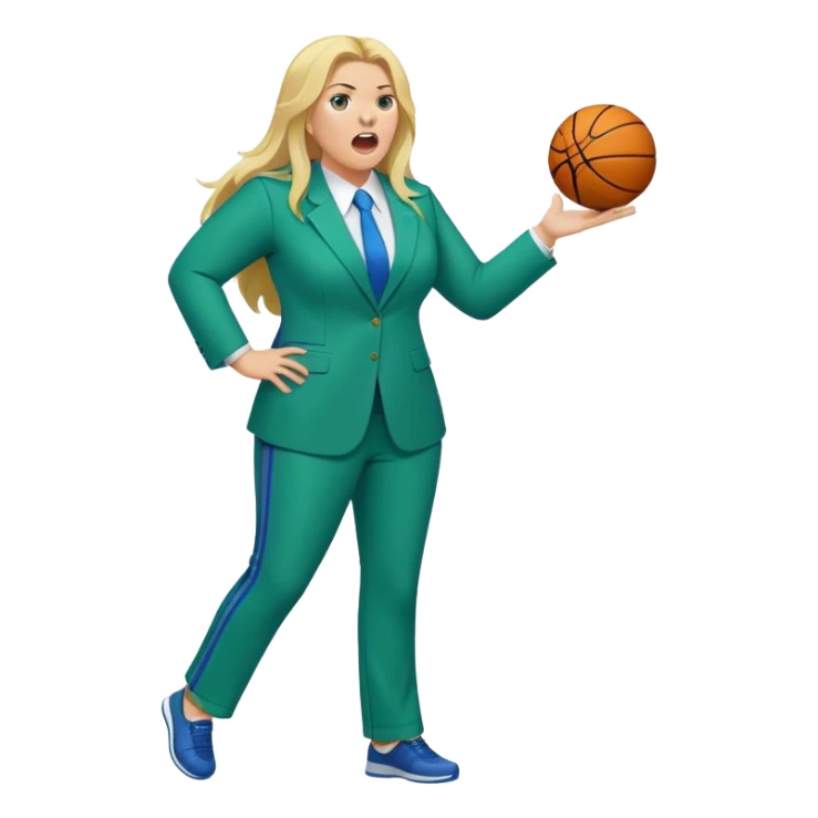 Full Body white plus size female basketball head coach yelling using a clipboard with long blonde hair in a blue and green suit sticker