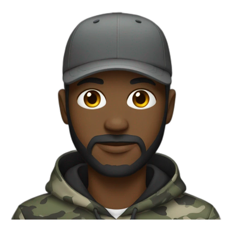black man with a beard, gray camo hat, black pullover  hoodie sticker