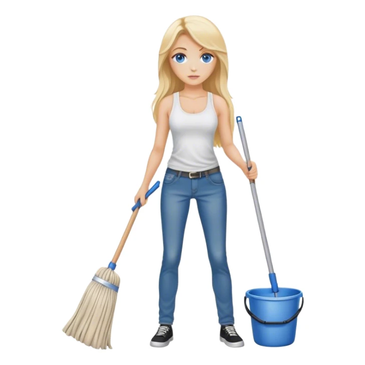 Cinematic realistic blonde with long hair and blue eyes, dressed in jeans and a tank top, holding a mop in her hands sticker