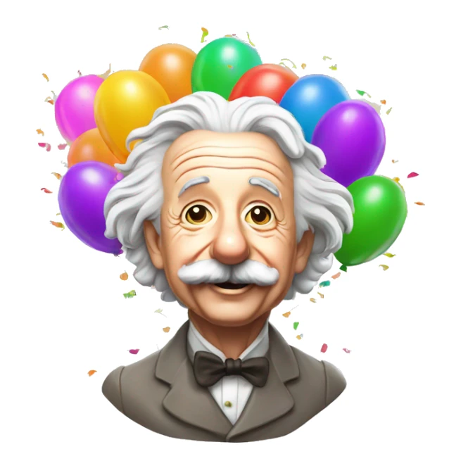 happy albert einstein shooting colorful confetti popper with partty baloons sticker