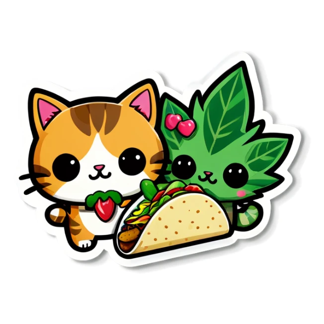 Kawaii Marijuana leaf and kittens eating tacos kawaii style  sticker