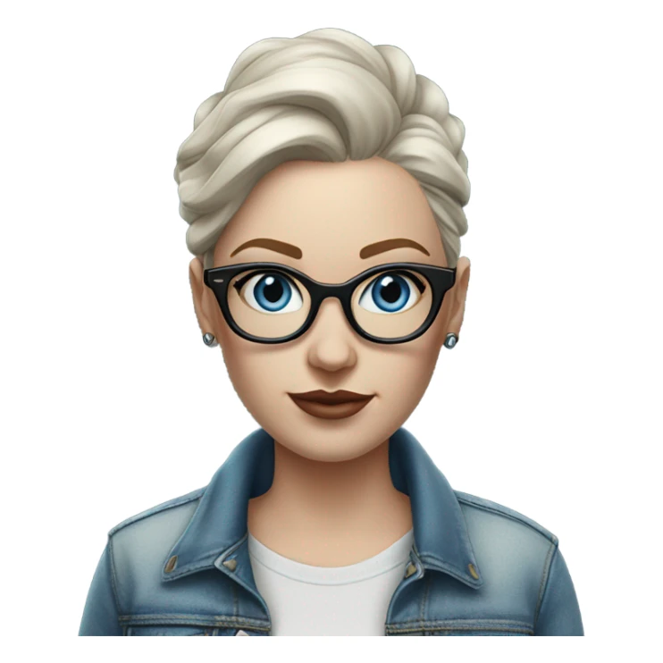 Create a Hyper Realistic pale beautiful tattooed 3D woman with glasses and blue eyes wearing denim jacket sticker