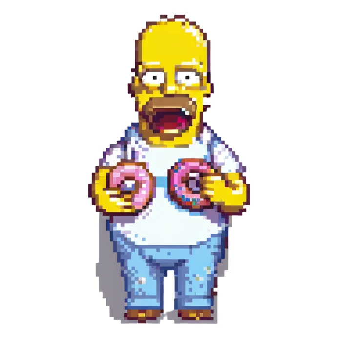 Homer Simpson pixel art style simple features holding a donut sticker