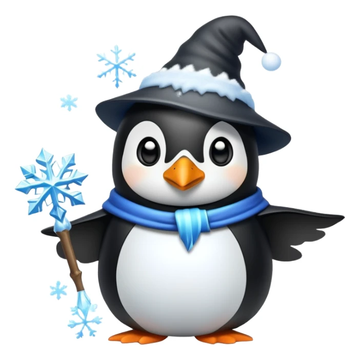 penguin wizard casting an ice spell with snowflakes and frost sticker