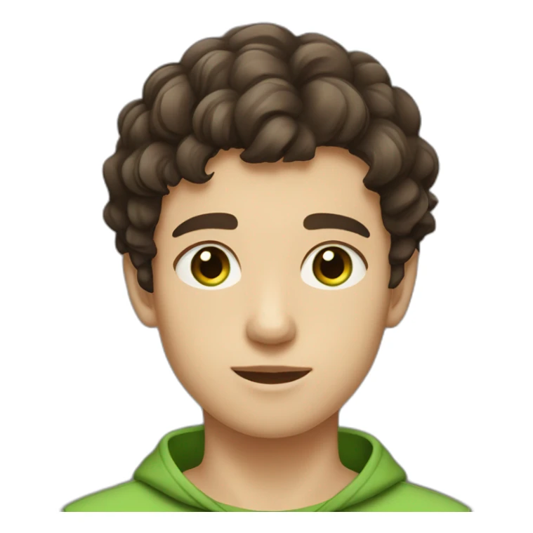 a boy with a short cut with dark brown slightly curly forward hair with green brown eyes and a pale complexion sticker