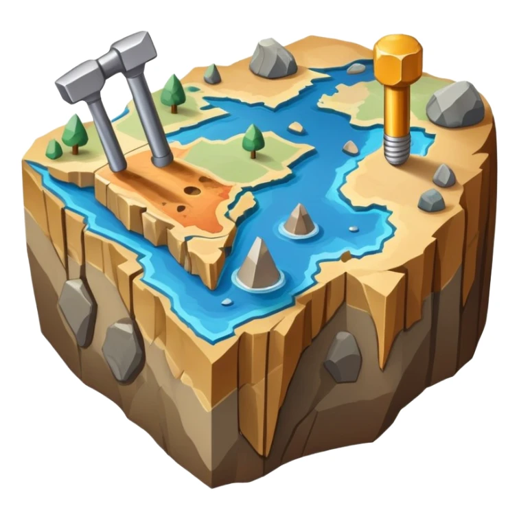 An icon featuring a rock hammer, a geological map, and layers of Earth’s crust, symbolizing geology. The design includes mineral samples, fossils, and tectonic plates, representing the study of Earth’s structure and natural processes. Transparent background highlights geological exploration sticker