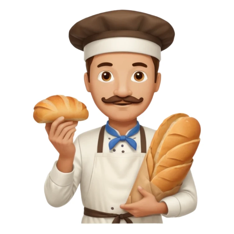 Middle aged male pastry chef - with a mustache, apron, white hat, holding a bag of bread sticker