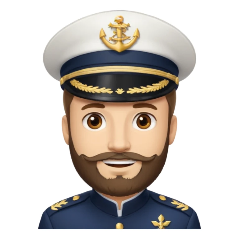 A light-skinned man with brown eyes and a beard, smiling while wearing a white captain’s hat with a navy emblem. sticker