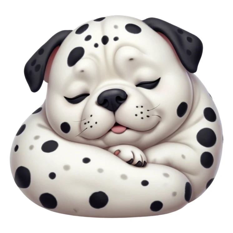 Cinematic Chubby Sleeping Dalmatian Portrait Emoji, Chubby and serene, with a round, plump build and a glossy white coat adorned with distinctive black spots, eyes gently closed in peaceful slumber, Simplified yet irresistibly endearing features, highly detailed, glowing with a gentle, dreamy glow, high shine, relaxed and content, stylized with a touch of whimsy, bright and heartwarming, soft glowing outline, capturing the essence of a blissfully sleepy companion, so comically serene it feels like it could roll out of the screen and snore with adorable charm! sticker