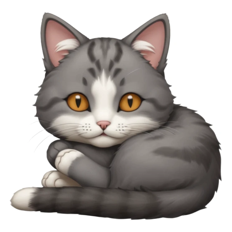 dark grey and white small cat with his eyes closed leaning his head on his paw while lying down sticker