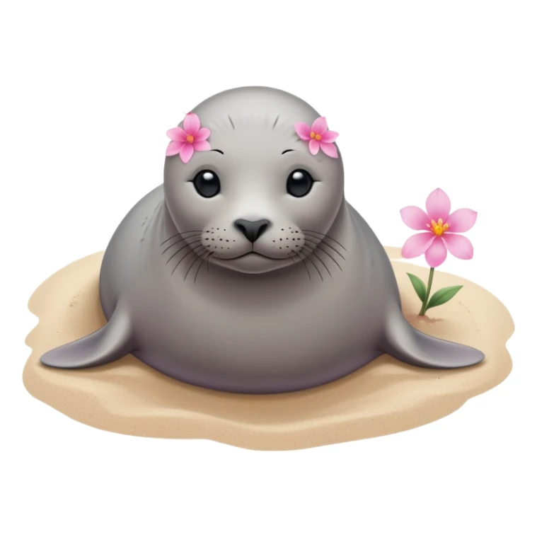 A grey small, slim  seal resting gracefully on a sandy beach, with a delicate pink flower placed on its head.   sticker