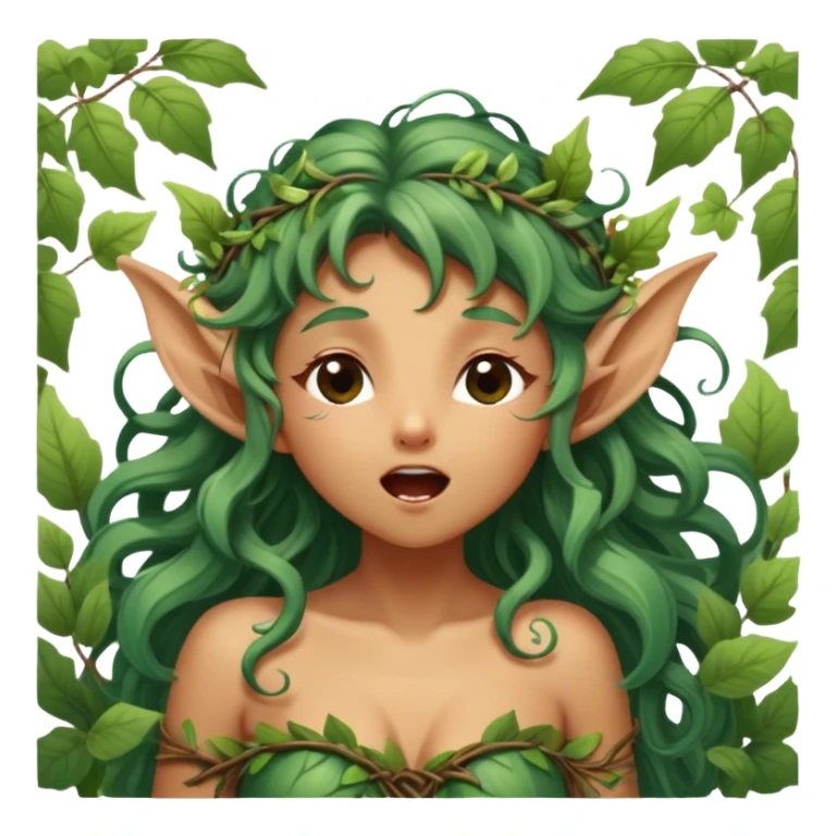 Cinematic Realistic Forest Nymph Fairy Portrait, head tilted slightly with a dramatic, wide-open yawn, revealing a tender, relaxed visage with finely detailed tanned skin and flowing, vine-adorned hair gently framing her face. Her sleepy eyes exude a serene, dreamlike quality as soft natural sunlight filters through the canopy, capturing the essence of a drowsy yet captivating forest nymph drifting into peaceful slumber. sticker