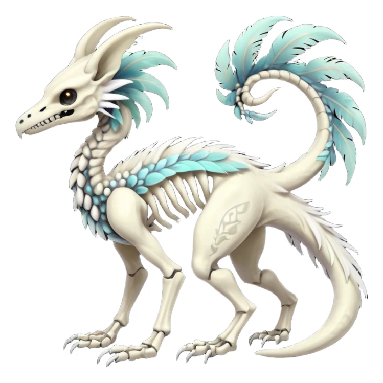 Rare realistic tribal patterned white whitish pastel colorful iridescent shiny glossy feathered skeletal badass epic handsome gorgeous aesthetic black-skulled Vernid-Trico-Sergal-Salandit-Nargacuga-species-Fakemon-creature by LiLaiRa, 4 legs, 1 tail, random markings, (full body) long ears sticker