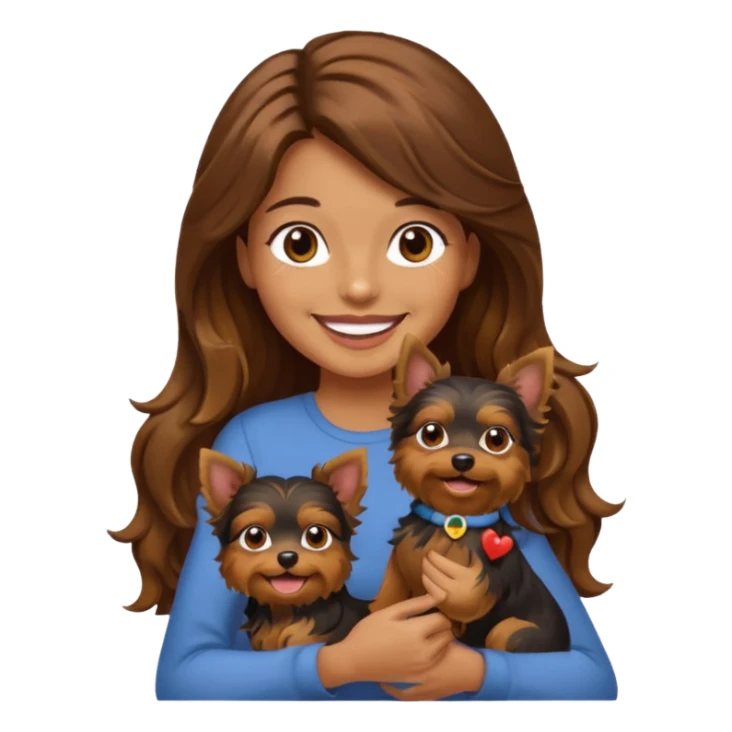 a woman with long wavy brown hair holding a Yorkshire Terrier, emoji style sticker