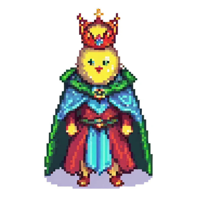 regal pear wearing a crown and cape, pixel art, classic 8-bit look sticker