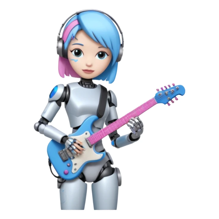 a cyper robot carry her note and electric guitar and try to change the world with pink and bluecolor sticker