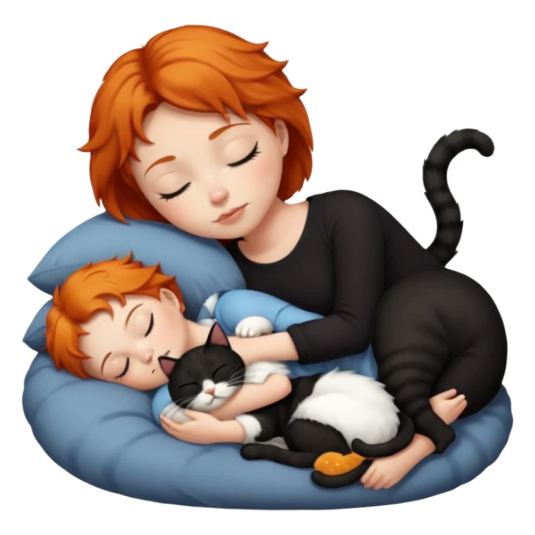 Ginger Girl short hair sleeping with two cats a black and a white bigger cat  sticker
