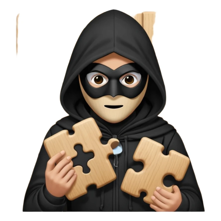 grayscale black mysterious masked hooded man with puzzle sticker