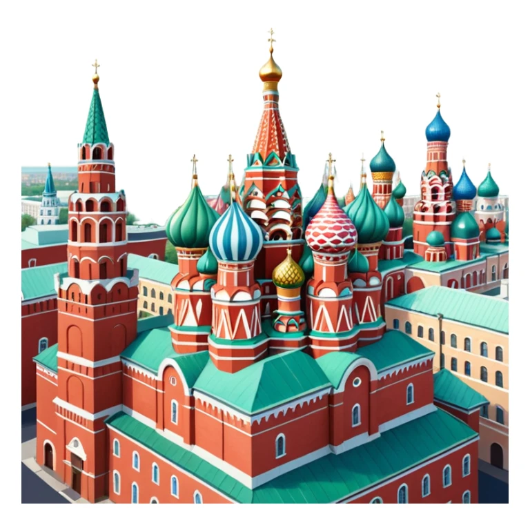 Isometric illustration of Moscow, featuring photorealistic Moscow with colorful onion domes, hand-drawn painterly details, subtle texture on bricks and roofs, realistic shadows and soft lighting, muted yet vivid color palette, diorama miniature effect. sticker