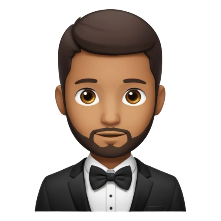Usher with dark brown hair and short beard, black suit with bow tie sticker