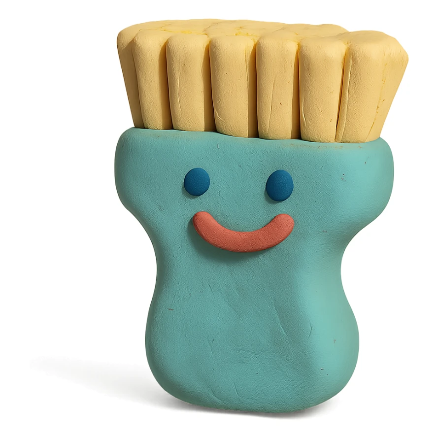 playful cleaning brush with a smiling face in claymation style, pastel colors sticker