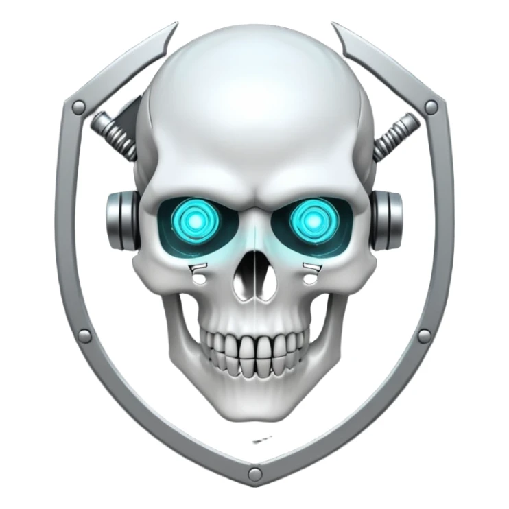 Cyberpunk shield, skull with cybernetic implants, glowing wires, dark white and white tones, no background sticker