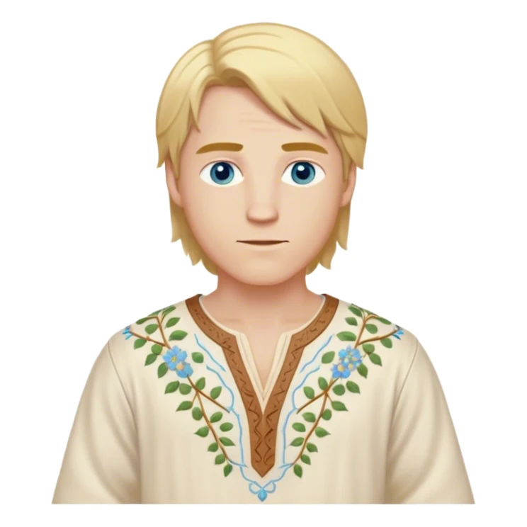 Medieval spring outfit worn by a DnD themed fantasy male character. Cream-colored cotton tunic with delicate vine patterns embroidered at the hem, V-shaped neckline with leather lacing. Clothes only above the waist, full waist coverage. The character has no arms. Character is white-skinned with golden blonde hair, sky blue eyes, and straight shoulder-length hair. sticker