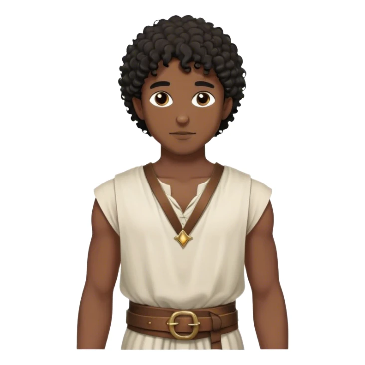 medieval summer outfit worn by a DnD themed fantasy character. basic sleeveless cotton shirt with a loose neckline and a thin leather belt. clothes only above the waist. The clothes full waist. The character's haven't arms. character is black hair, brown eyes, short curly hair, dark-skinned man. sticker