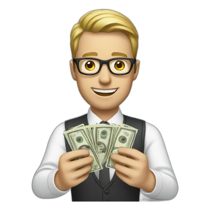 white man holding money with glasses on and hoddei sticker