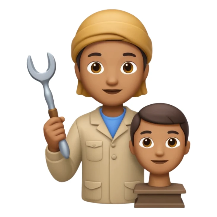 Apple Memoji-style 3D emoji of a sculptor with a small statue and chisel, smooth gradients, rounded edges, no background. sticker