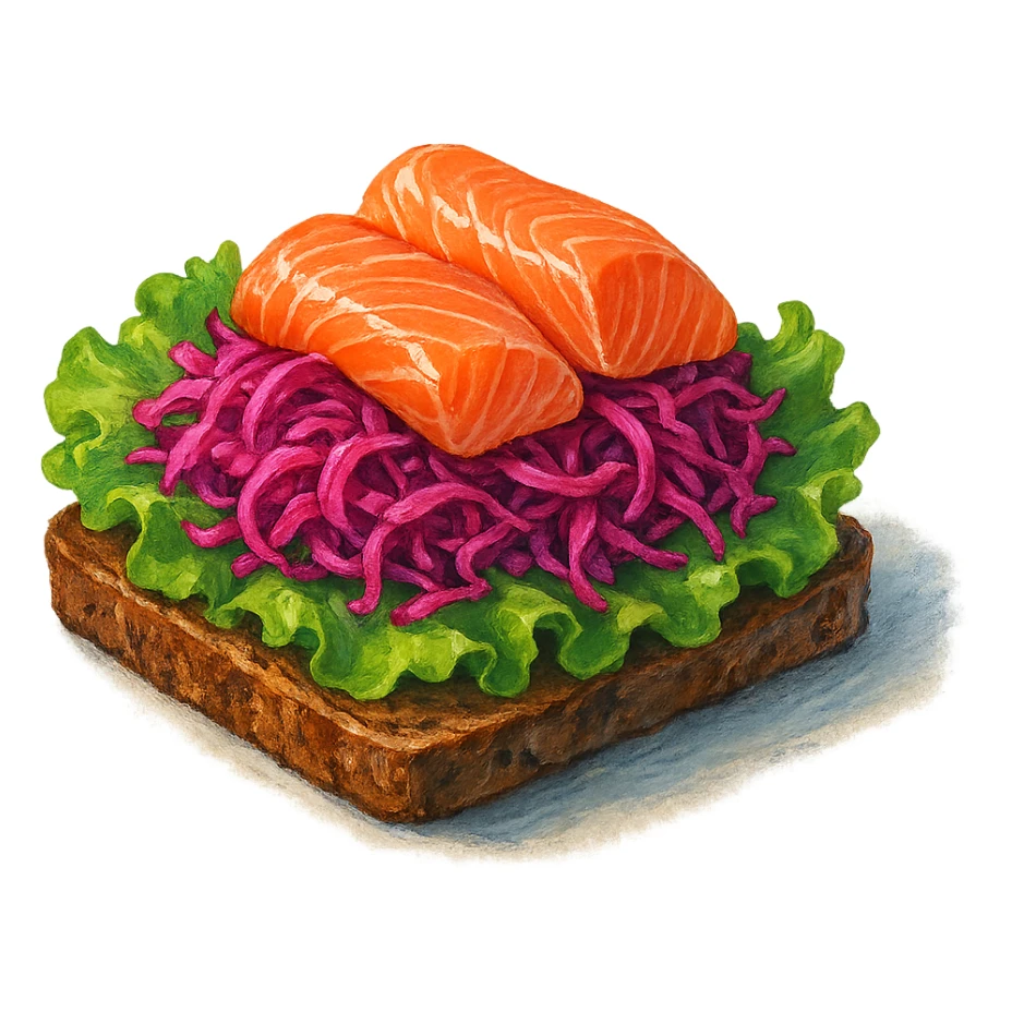 В слега рисованном, но при этом ярком и объемном стиле сгенерируй картинку сочного смёрребрёда c капустой, рыбой, профессионально выставленный свет, который подчеркивает объем, прозрачный фон sticker