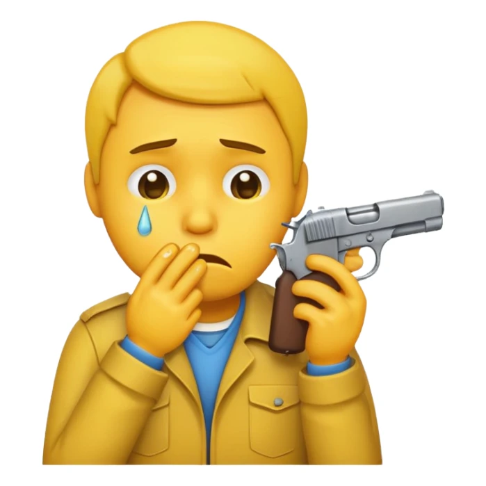 Make a yellow emoji of a guy holding a gun in his mouth while crying sticker