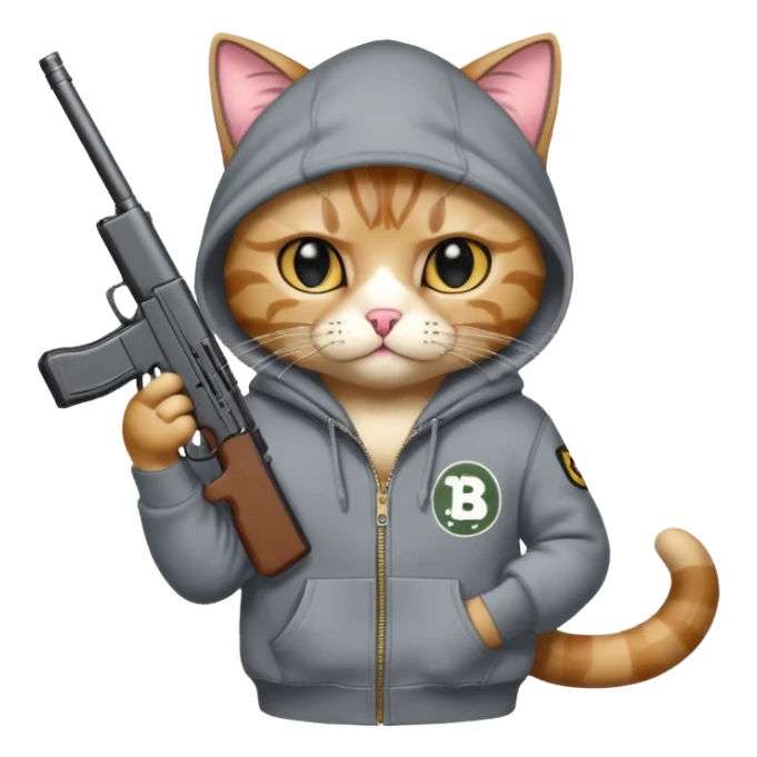 A gangster cat wearing a bape hoodie with a BB gun sticker
