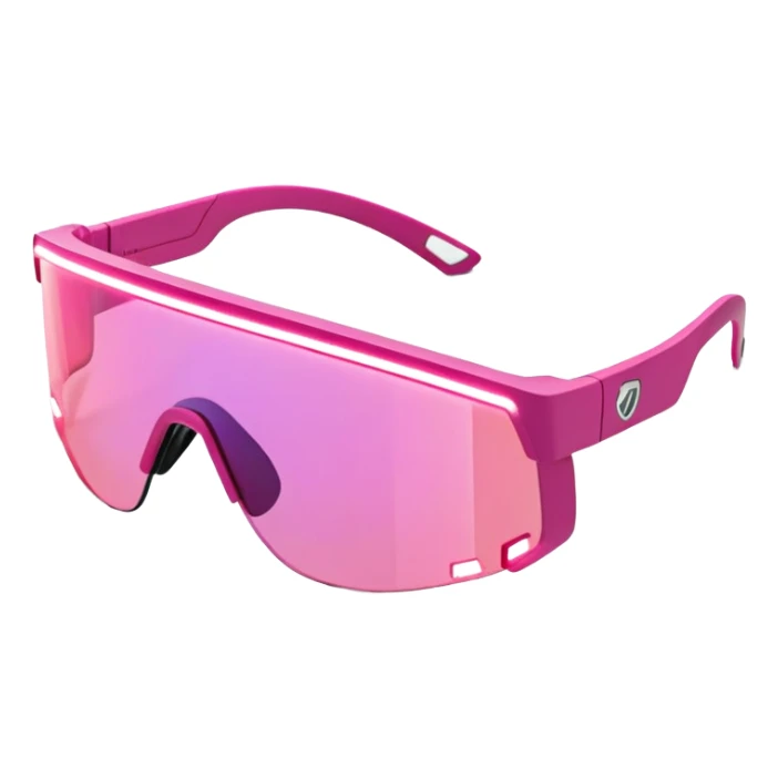sporty pink shield visor sunglasses with thick frame and integrated LED light strip, tech-enhanced chunky design, massive build, one-piece lens with smart tint sticker