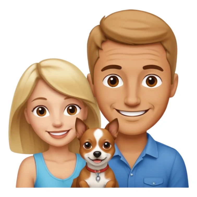 Una mujer blanca y un hombre moreno con un perrito sticker