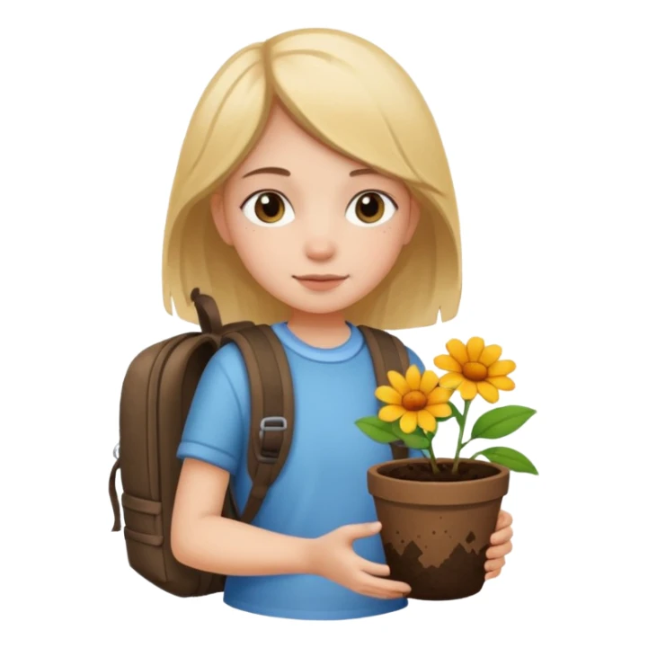 young girl wearing packpack, holding a flower pot sticker