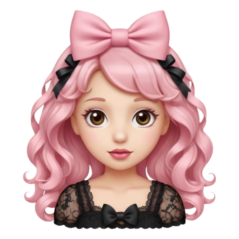 “Emoji girl, doe eyes, long fluttery lashes, soft pink blush, glossy rose lips, ribbon hair bow, romantic curls, wearing lace top.” sticker