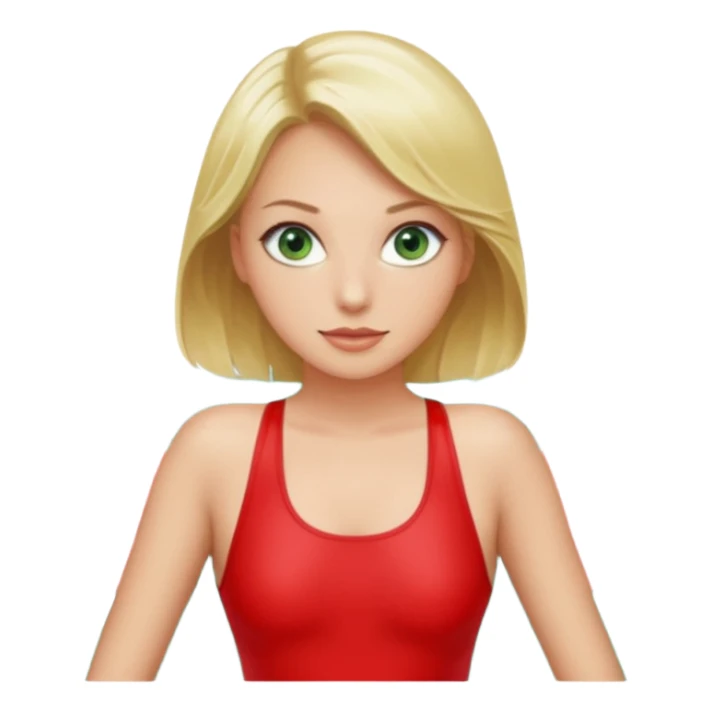 Blonde Woman, Green eyes,Red onepiece, Background Indoor pool sticker
