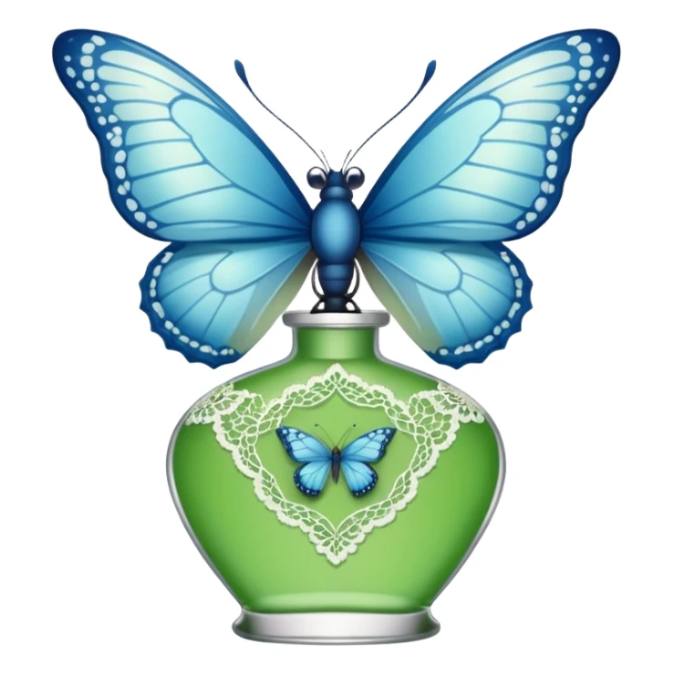 delicate blue butterfly perched on a green perfume bottle with lace trim sticker